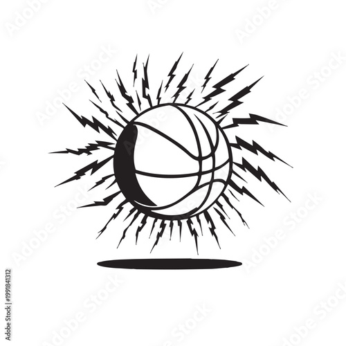 Basketball surrounded by electric lightning bolts and flash energy effect in stylized monochrome vector graphic.