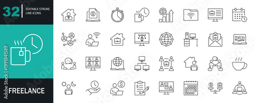 Freelance icon set. Containing work online, remote work, freelancing, home office, client meeting, self-employed, side hustle, digital nomad, and more. Editable line icons. Vector illustration.