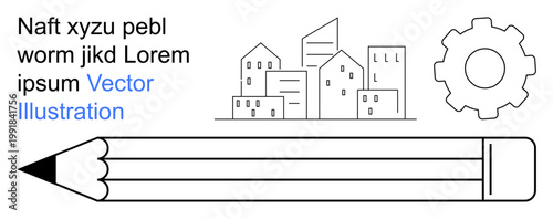 Creativity, education, urban development, technology, industry, problem-solving. Outline art showing a pencil, cityscape and gear. Creativity and education concepts with urban and industrial