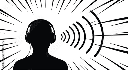 person wearing headphones with sound waves coming out