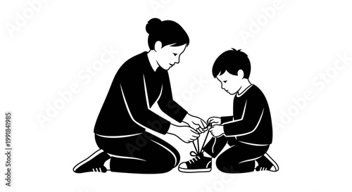 Mother teaching son to tie shoelaces illustration.