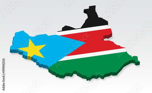3D South Sudan map with flag. Three dimensional map of South Sudan with shadow. Flag Republic of South Sudan on white background for your design, app, UI.  Stock vector. EPS10. 