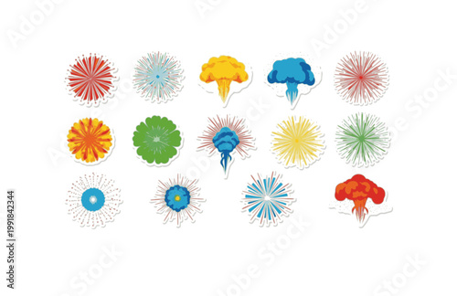 New Year Fireworks Explosive Burst Sticker Set. Flat Vector Celebration and Holiday Pyrotechnics with White Border.