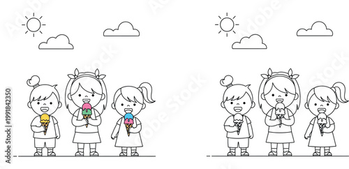Three Happy Children Eating Ice Cream Cones on a Sunny Day Vector Illustration, Outline and Colored Versions for Kids Coloring Book Page and Summer Activity Sheet