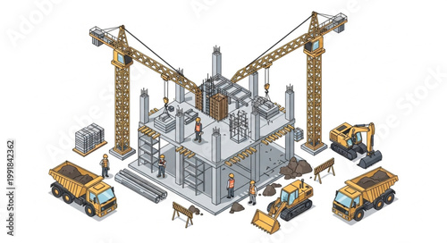 Construction Site With Cranes and Heavy Machinery Illustration.
