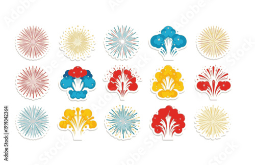 New Year Fireworks Explosive Burst Sticker Set. Flat Vector Celebration and Holiday Pyrotechnics with White Border.