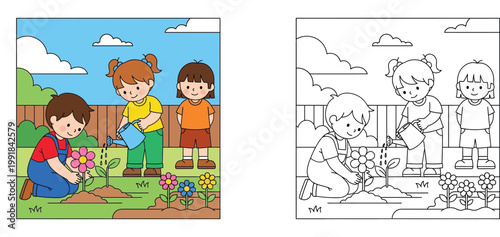 Cartoon Children Gardening and Planting Flowers in Backyard with Outline Version for Kids Coloring Book, Educational Activity Worksheet for Preschool, and Nature Study Illustration