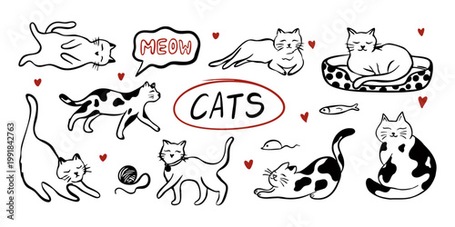 Hand drawn cats doodle set playful kittens and pet elements. Cartoon animal line print. Vector illustration.
