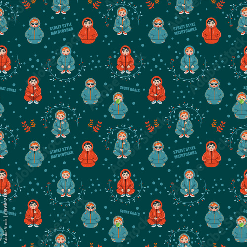 Russian Matryoshka Street Style Pattern. Funky Gopnik Dolls in Tracksuits Seamless Illustration