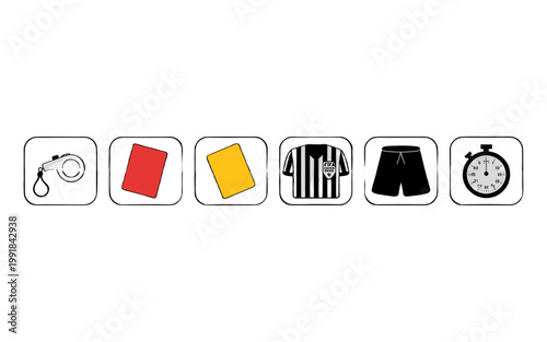 Set of six icons of soccer objects including whistle, card and jersey.
