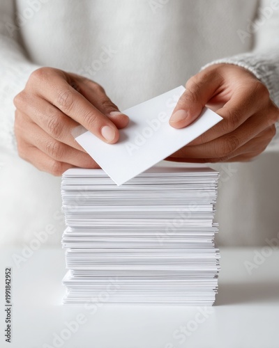Hands placing blank business card on tall stack of white cards on desk minimal office closeup