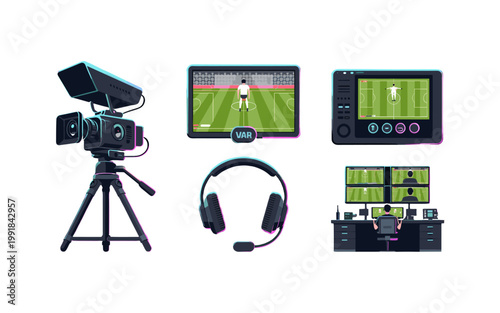 Broadcasting equipment setup for sports, illustrating the live transmission of a soccer game.