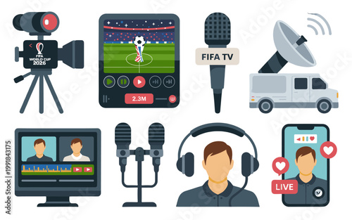 Illustration of various media and broadcasting equipment.