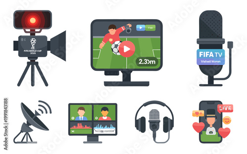Set of illustrated elements related to live streaming and broadcasting sports.