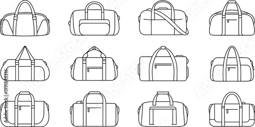 Flat vector duffel bag line art, twelve unique travel luggage illustration set