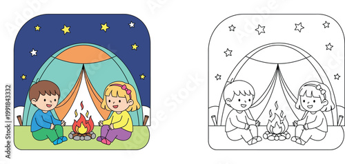 Kids Camping at Night Coloring Page for Children - Cute Boy and Girl by Campfire with Tent and Stars - Educational Vector Illustration Set with Colored and Line Art Versions for Fun Activity.