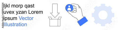 Human resources, data management, digital workflow, settings customization, recruitment, user interaction. Hand holding user icon, gear arrow pointing to box. Human resources and data management