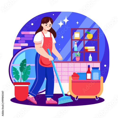 A flat style illustration of a girl cleaning room 
