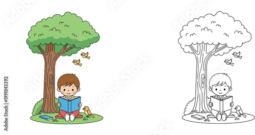 Little Boy Reading a Book Under a Tree Coloring Page for Kids - Cute Educational Vector Illustration with Colored and Line Art Versions for School and Home Activities.