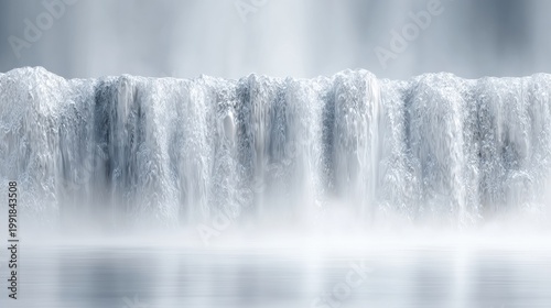 Icy waterfall curtain with mist over calm river in winter cold blue landscape background