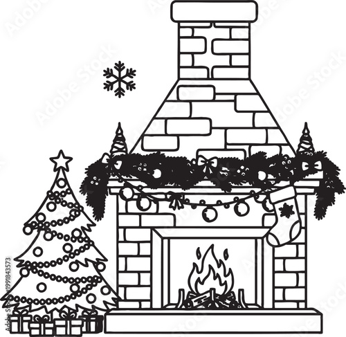 Christmas fireplace scene with decorated tree and hanging stocking fireplace christmas stocking decoration ornament interior december celebration seasonal snowflake minimalist