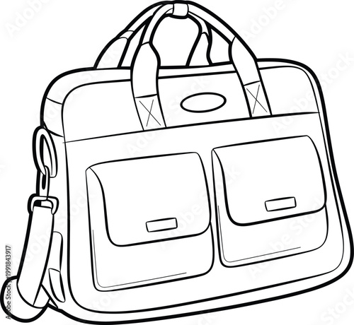 Flat vector illustration of briefcase bag with pockets, handles, strap, flap