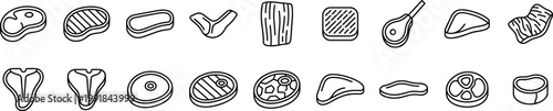 steak and meat  butcher cuts line icon set with beef pork lamb chop rib fillet and raw meat pieces for grill barbecue and cooking isolated on transparent background