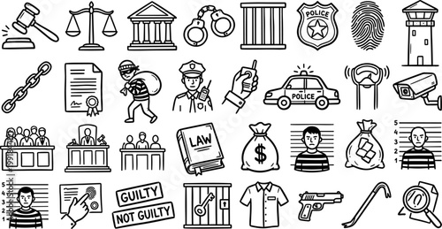 law and justice line icons set with police badge gavel scales courthouse handcuffs fingerprint patrol car judge lawyer prison criminal investigation and court symbol isolated on transparent background