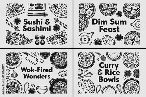 Authentic Asian Cuisine Icons for Sushi and Wok Branding