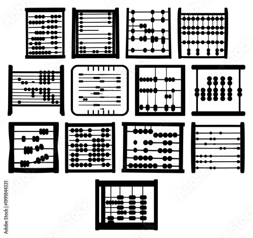 Abacus set with black silhouette on white background featuring mathematical calculation, counting tools, educational accessory with design graphic and geometry