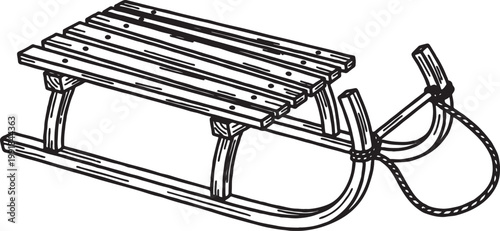 Wooden sled winter activity equipment line art with activity equipment recreation transport isolated recreational adventure sledding illustration minimalist decoration