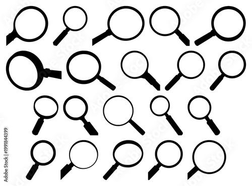 Magnifying glass set with black silhouette on white background featuring search, inspection, close‑up lens with magnification and focus