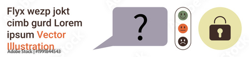 Data security, user feedback, online safety, decision-making, cybersecurity, communication. Lock icon, speech bubble with question mark and feedback icons. Data security and user feedback concept