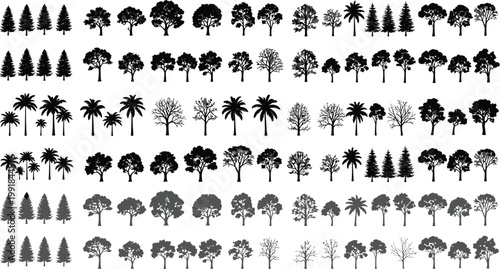 Diverse collection of stylized tree silhouettes in black and white artistic arrangement Vector