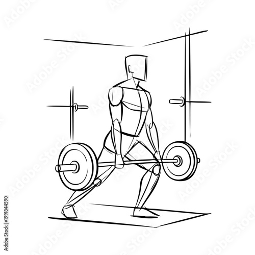 Logo gimnasio. Boceto con dibujo minimalista con líneas de un hombre levantando una barra de pesas en un gimnasio 