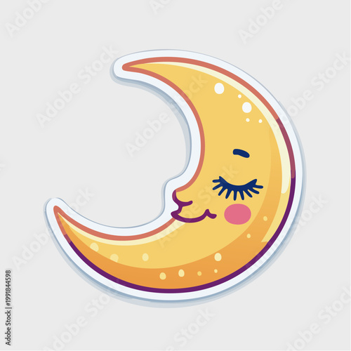 Cute cartoon crescent moon with closed eyes and rosy cheeks