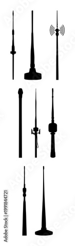 Antennas set with black silhouette on white background illustration featuring radio, signal, broadcast with wireless and tower