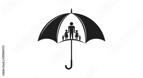Family protection, umbrella icon, black silhouette, family safety, protection symbol