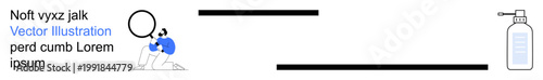 Data analysis, research, hygiene awareness, health safety, technology, and cleansing. A person uses a magnifying glass, with a sanitizer bottle nearby. Data analysis and health safety concept