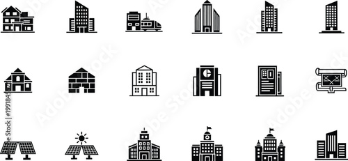 Collection of diverse architectural building icons and structures Vector
