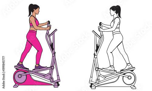 Woman exercising on elliptical machine, side view, with color and outline versions.