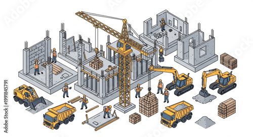 Construction Site with Crane and Machinery Isometric View.