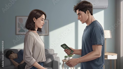 Family Financial Dispute Woman Giving Man Cash Home Setting