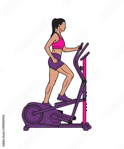 Active woman in pink sports bra and purple shorts on elliptical trainer, side view.