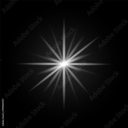 Starburst graphic badge. Starlight design element. Abstract light effect on black background. Flash symbol.  Vector illustration