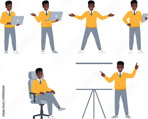 Businessman in Various Poses with Laptop, Tablet, and Presentation, Professional Office Worker Vector