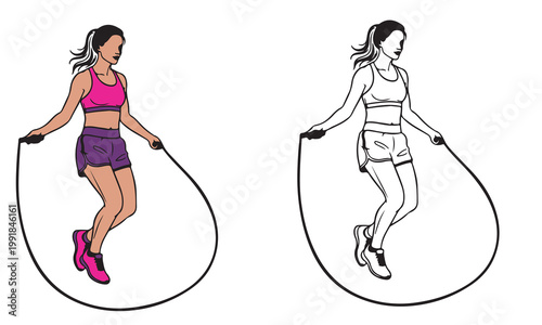 Woman jumping rope in color and outline, wearing athletic shorts for fitness and exercise.