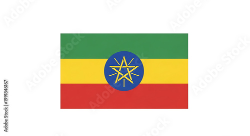 Flag of Ethiopia with national emblem, representing patriotism and national pride, often used for travel or cultural themes