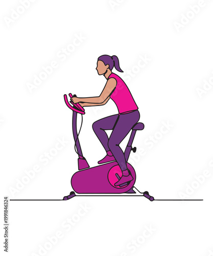 Fit woman actively cycling on a stationary exercise bike, promoting a healthy and active lifestyle.