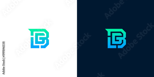 Modern and clean interlocking letter B and G logo design concept in blue and green gradients on white and dark backgrounds